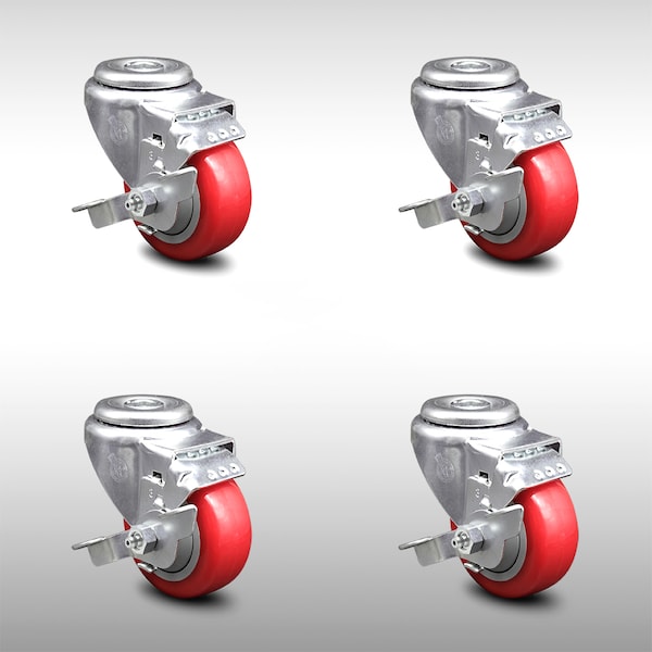 3 Inch SS Red Polyurethane Wheel Swivel Bolt Hole Caster Set with Brake SCC